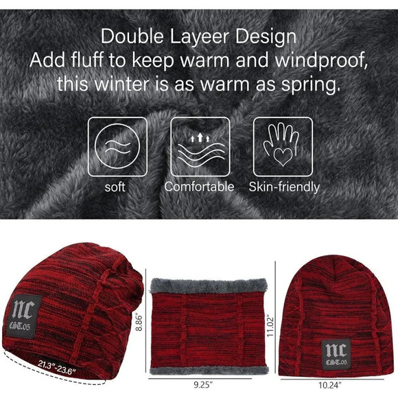Unisex Winter Beanie Hat Scarf Set Warm Knit Hats Cap Neck Warmer - Picture 5 of 5